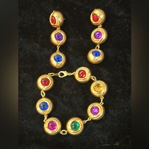 Gold-Tone Multicolor Cabochon Bracelet and Earrings Set